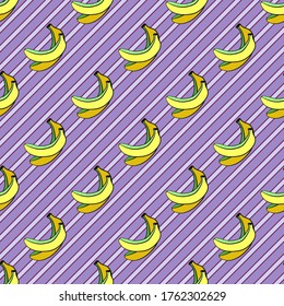 Seamless yellow pattern with green bananas, on the background of colored diagonal stripes. Great for decorating fabrics, textiles, gift wrapping design, any printed materials, including advertising.