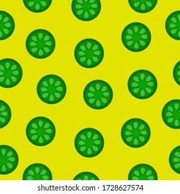 Seamless yellow pattern with green cucumbers. Summer background. Food illustration. Round shapes abstract pattern for print, web.