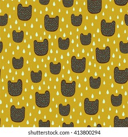 Seamless yellow pattern with heads of bears and drops. Hand drawn background in vector
