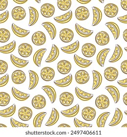 Seamless yellow pattern with lemon in flat style. Design for fabric, label, menu, wallpaper. Slices of a lemon fruit. Vector illustration on a white background
