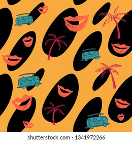 Seamless yellow pattern with pink palm trees. Background with blue bus. Seamless background with geometric element and lips