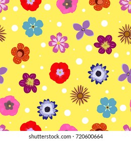 Seamless yellow pattern with scattered colorful flowers and white dots - Eps10 vector graphics and illustration