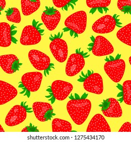 Seamless yellow pattern with scattered red strawberries as a background- Eps10 vector graphics and illustration
