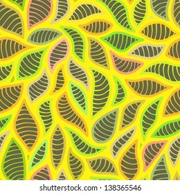 Seamless yellow pattern with striped leaves shapes