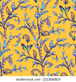 Patrón amarillo sin foco con flores azules estilizadas. Fondo de flores oriental decorativo. Motismo turco o indio