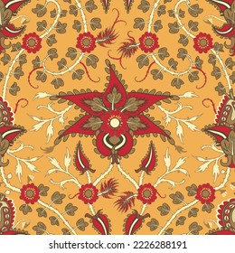 Seamless yellow pattern with stylized flowers. Decorative oriental floral background. Turkish or indian motif