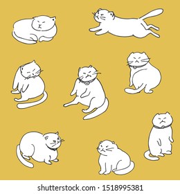Seamless yellow pattern with white chubby grumpy cats with collar and bell, running, sleeping, sitting like humans. Humor. Hand drawing.