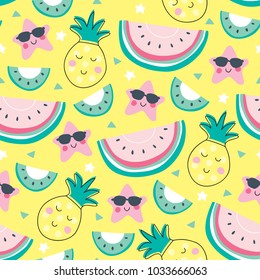 seamless yellow pineapple melon kiwi pattern vector illustration