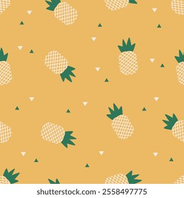 Seamless yellow pineapple and triangle patterns design. Vector fruit kids repeat pattern backgrounds for paper, fabric, gift wrap, wall art, interior decoration, card, paper gift, phone case.