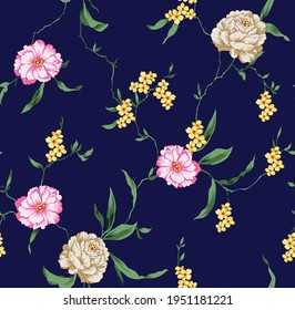 seamless yellow pink and brwon vector flower Pattern on navy background