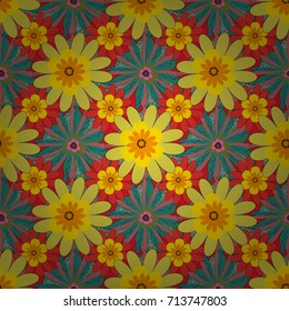 Seamless yellow, red and pink background with abstract flowers and elements. Vector retro illustration. Ideal for printing on fabric or paper.