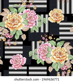seamless yellow and red vector flower Pattern on black background