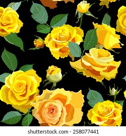 Seamless with yellow roses and leafs. Floral background. Pattern with realistic flowers.Vector illustration. 