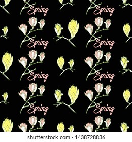 Seamless with yellow and spring text and pink magnolia flowers in vintage style on white background. Hand drawing watercolor pattern. Vector line art illustration.
