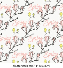 Seamless with yellow and spring text and pink magnolia flowers in vintage style on white background. Hand drawing watercolor pattern. Vector line art illustration.
