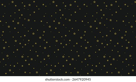 Seamless yellow star outline pattern on black background. Celestial night sky vector for kids fabric, party decoration, wrapping paper, digital scrapbooking, or nursery wallpaper.