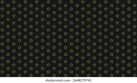 Seamless yellow star outline pattern on black background. Cute celestial wallpaper, modern kids wrapping paper, cosmic galaxy style vector, minimalist astronomy themed repeat texture.