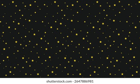 Seamless yellow star pattern on black background. Night sky vector for children’s designs, fabric, wrapping paper, wallpapers, digital art, party decor, and astronomy-themed projects.