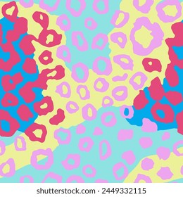Seamless Yellow Summer Isolated Leopard Surface Wallpaper. Blue Repetitive Wild Retro Panther, Seamless Template Pattern. Endless Pink Fur Ornament Texture.
