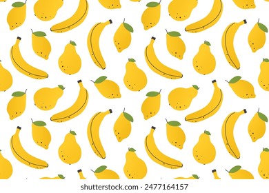 seamless yellow summer pattern with banana, lemon, pear fruits, perfect for tablecloths, wallpapers, stationery items and design for summer events or farmers' markets- vector illustration