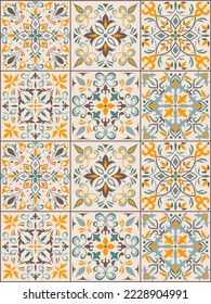 Seamless yellow tile with Islam, Arabic, Indian, ottoman motifs. Majolica pottery tile. Portuguese and Spain azulejo. Ceramic tile in talavera style. Vector illustration.