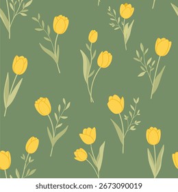 Patrón floral de tulipán amarillo sin costuras sobre fondo verde