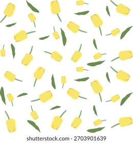 Patrón amarillo inconsútil de la flor de los tulipanes en el fondo blanco para el diseño decorativo, empaquetado, decoración, diseño interior, Fondos de pantalla, Anuncio, Ilustración vectorial