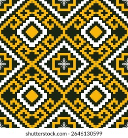 Seamless Yellow, White, and Black Tribal Geometric Pixel Art Pattern, Traditional Ethnic Textile Design with Diamond and Cross Motifs, Bold Folk Art Vector Background
