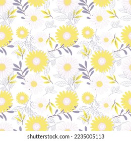 Seamless yellow and white flowers for decoration with white background