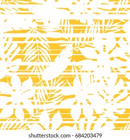 Seamless yellow and white various tropical leaves with horizontal glitch stripes pattern vector