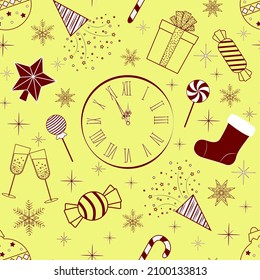 seamless yellow-red pattern. Clock Christmas ball glasses firecracker candy
