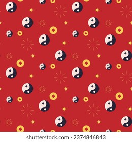 Seamless yin yang pattern and chinese gold coins.