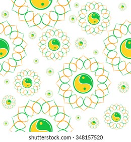Seamless Yoga background with yin yang symbol in green calm neutral tones for your design