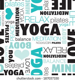 Seamless yoga and meditation body balance typography background pattern in vector