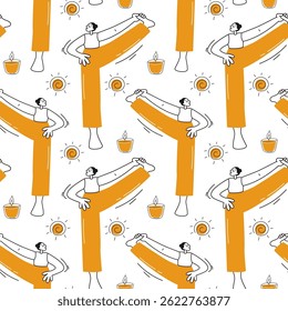 Seamless yoga pattern with repeating characters in stretching poses, candles, and sun symbols. Minimalist design for wellness branding, textiles, or digital backgrounds.