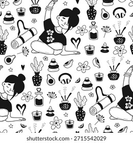 Padrão de Yoga sem costura Wellness Doodle. Mulher em asana Alongamento, Fitness e Acessórios Esportivos no fundo branco. Textura de autocuidado monocromática repetitiva. Ilustração de vetor desenhada à mão. Não é IA