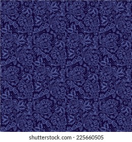 Seamless (you see 4 tiles) paisley pattern background (swatch, wallpaper, print, texture) of dark blue night colors 