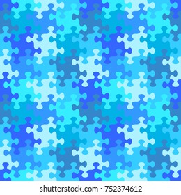 Seamless (you see 4 tiles) jigsaw puzzle pattern, background, print, swatch or wallpaper with whimsically shaped pieces of water or winter blue colors