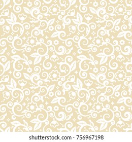 Seamless (you see 4 tiles) elegant white on pale gold abstract floral pattern, print, wallpaper, swatch, texture or background