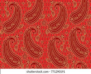 Seamless (you see two tiles) red and gold paisley pattern, print, swatch, background or wallpaper, suitable for holiday, celebrations, Christmas designs and projects