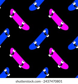 Seamless youth vector pattern with pink and blue skateboards on a black background for textiles, fabrics, wallpaper, packaging.