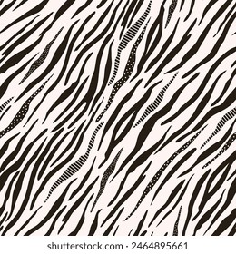 Seamless zebra animal skin pattern. Wavy black stripes on a white background, dots, lines. Safari in Africa. Trendy vector design for printing on wallpaper, fabric, cover, on a black background.