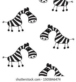 Seamless zebra background. Cartoon flat style hand drawn. Wild african savannah. Design for wrapping paper, fabric, wallpaper. Vector illustration