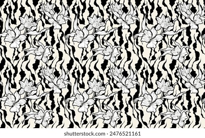 Patrón de cebra y flores sin costuras. Diseño de estampado textil.
