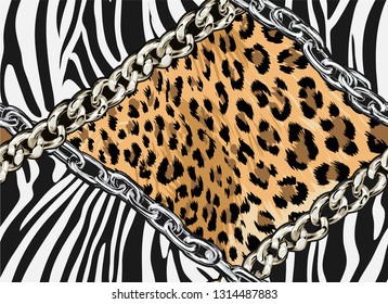 seamless zebra and leopard skin with chain link illustration pattern 