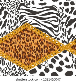 Seamless zebra and leopard skin with chain link illustration pattern. Safari africa seamless pattern, vector design for fashion, fabric and all prints on yellow background