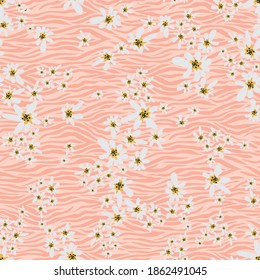 Seamless zebra mixed floral pattern - All over animal print with daisy flowers - Vector