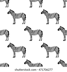 Seamless zebra pattern. Animal vector illustration. Black zebra on white background. Pattern can be used as wrapping paper, background, fabric print, web page backdrop, wallpaper and more