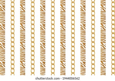 Seamless zebra pattern with golden chain on white background. EPS10 Illustration.