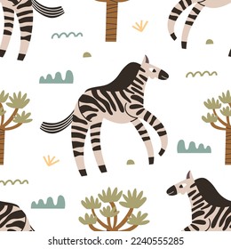Seamless zebra pattern on a white background. Children's fashion print for textiles and wallpaper.
